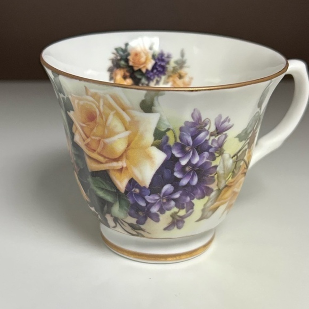 Vintage Floral Porcelain Teacup with‎ Yellow and Purple Flowers